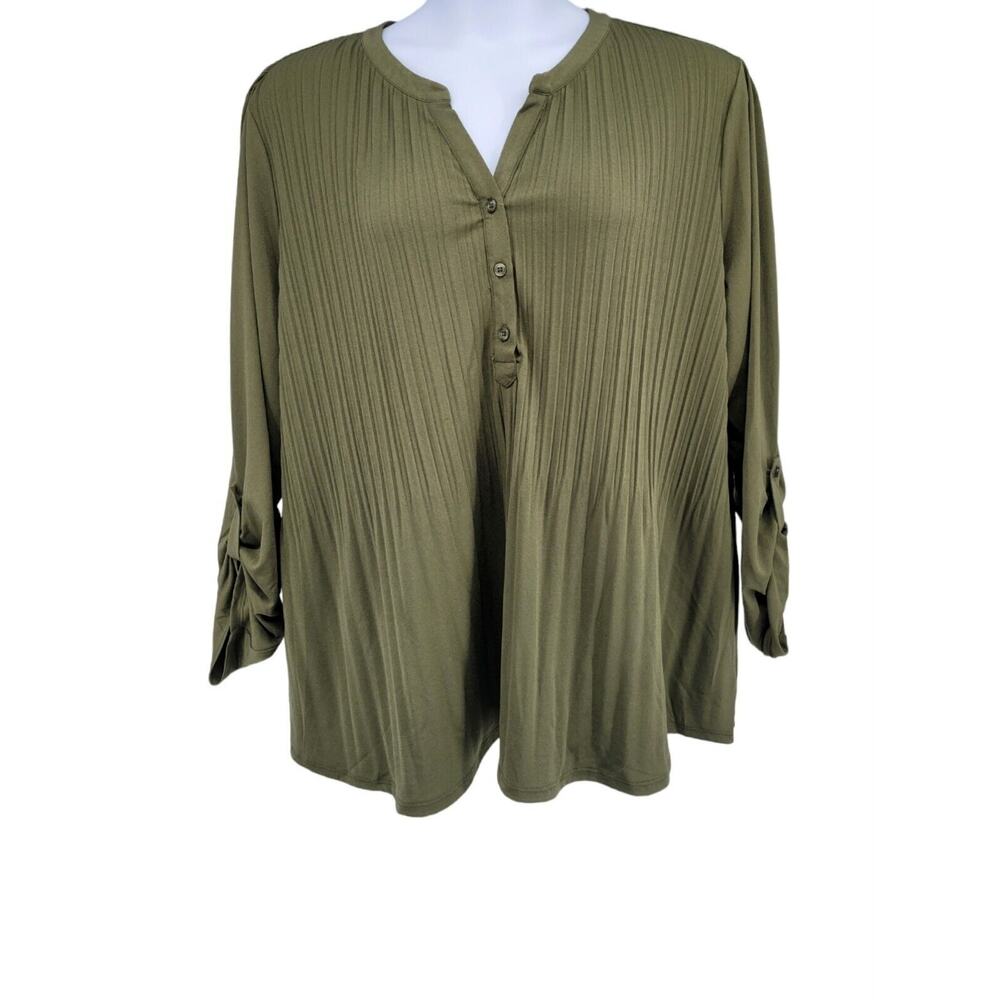 Kim Rogers Olive Green Quarter Length Sleeves Pleated Henley Plus‎ Size 2X Shirt
